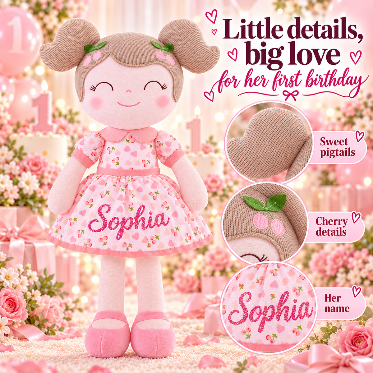 Gloveleya 16-inch pink Cherry Girl doll - personalized Sophia gift gallery 8