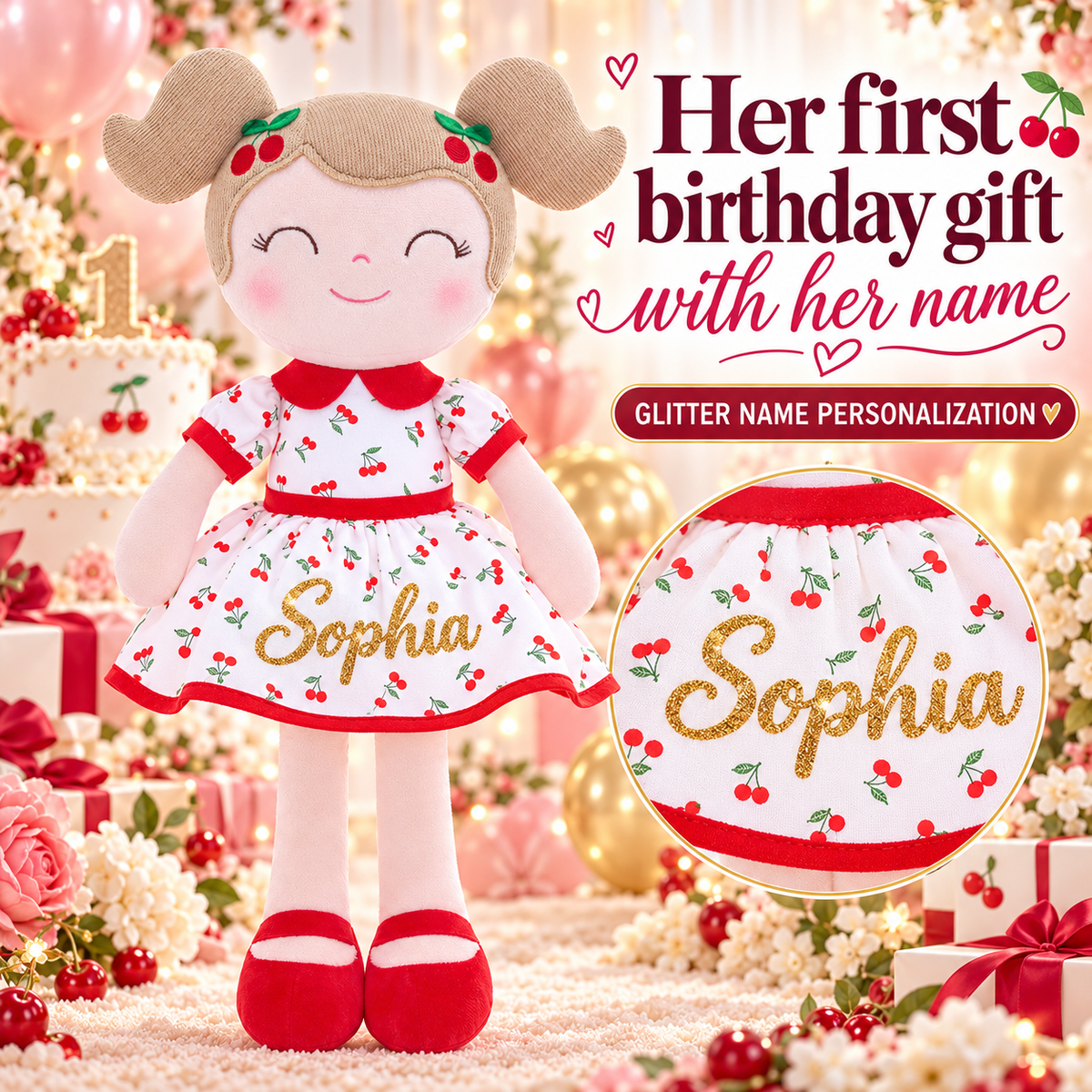 Gloveleya red Cherry Girl doll with gold Sophia name - gift gallery 2