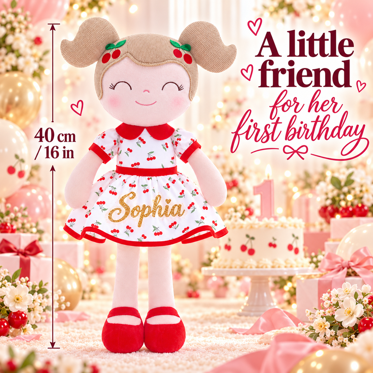 Gloveleya red Cherry Girl doll with gold Sophia name - gift gallery 3