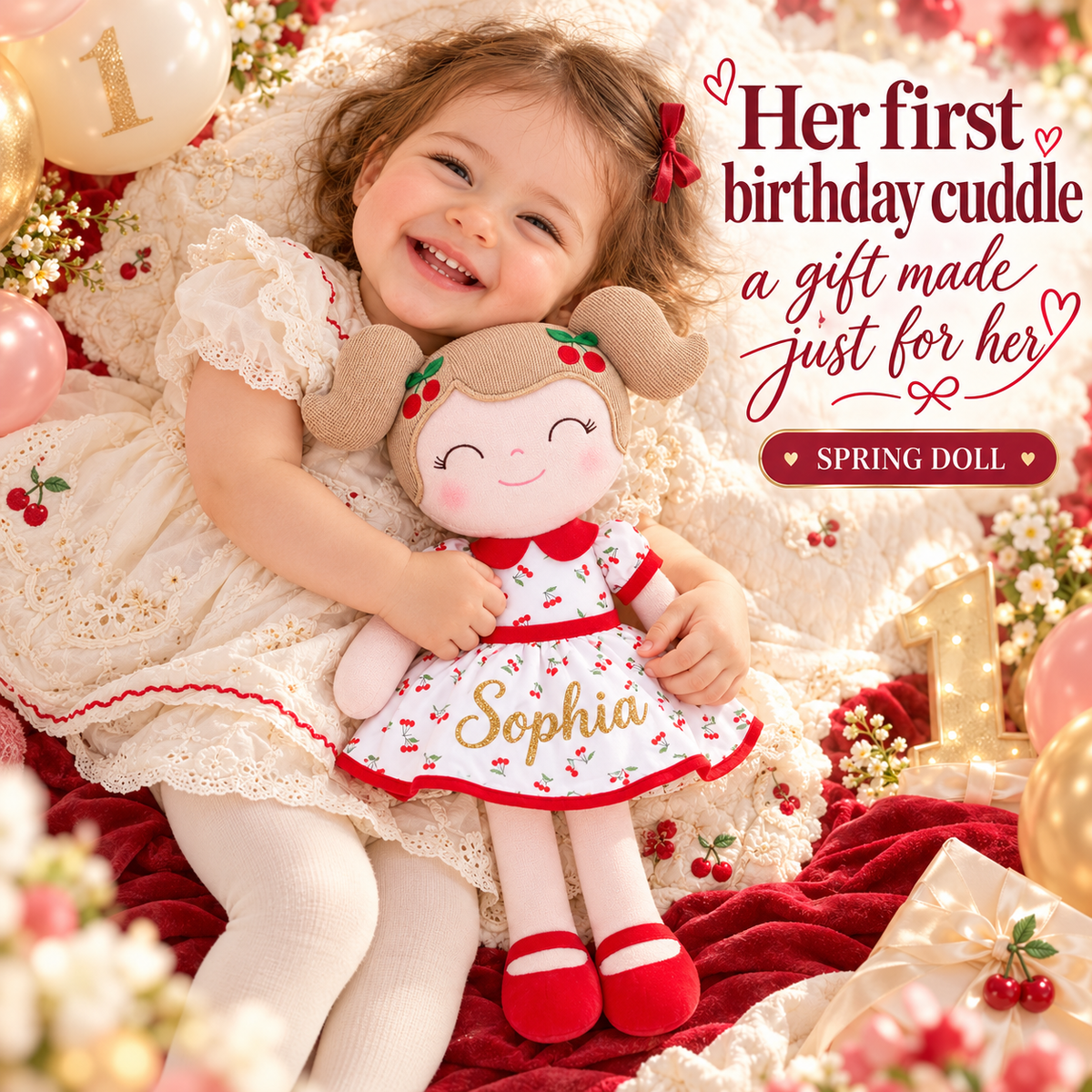 Gloveleya red Cherry Girl doll with gold Sophia name - gift gallery 5