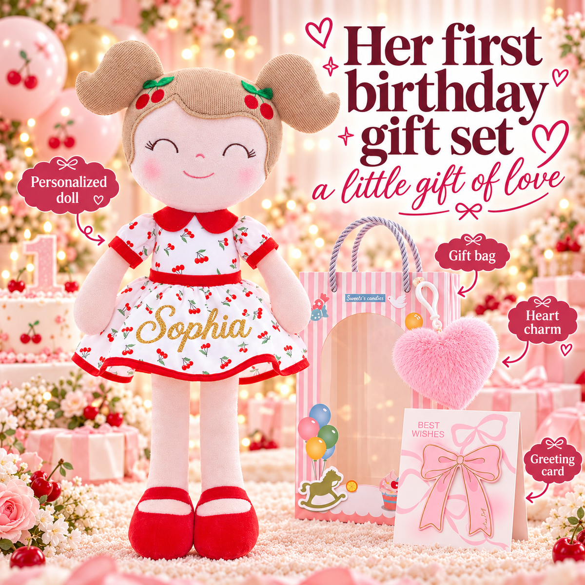 Gloveleya red Cherry Girl doll with gold Sophia name - gift gallery 10