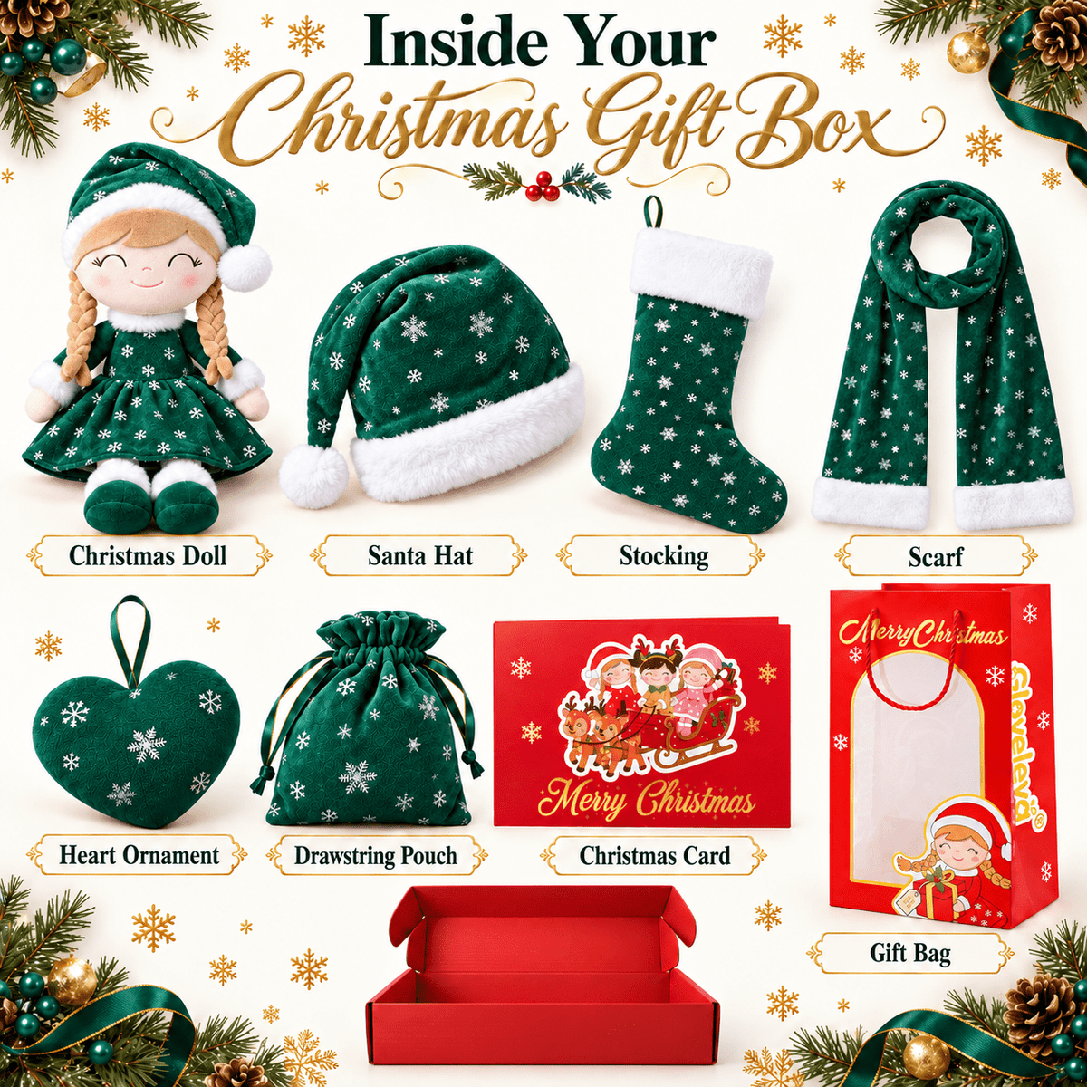Gloveleya Christmas Doll Gift Box – 8-Piece 10th Anniversary Limited Edition – Green - Gloveleya Official