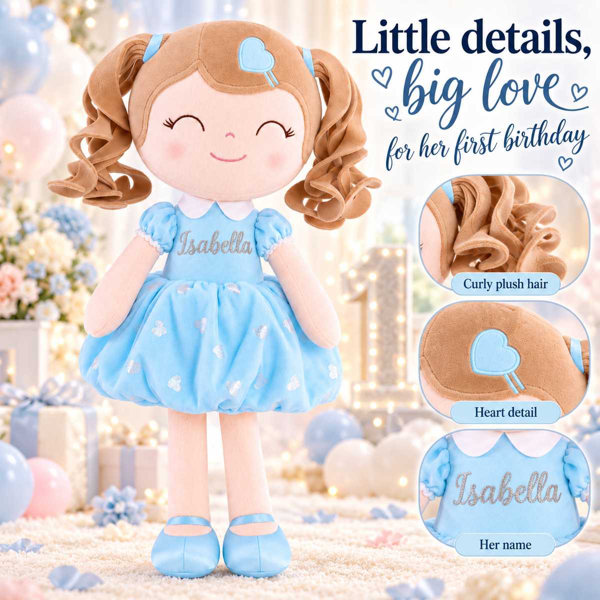 Gloveleya personalized curly hair princess doll, blue, gift gallery 8