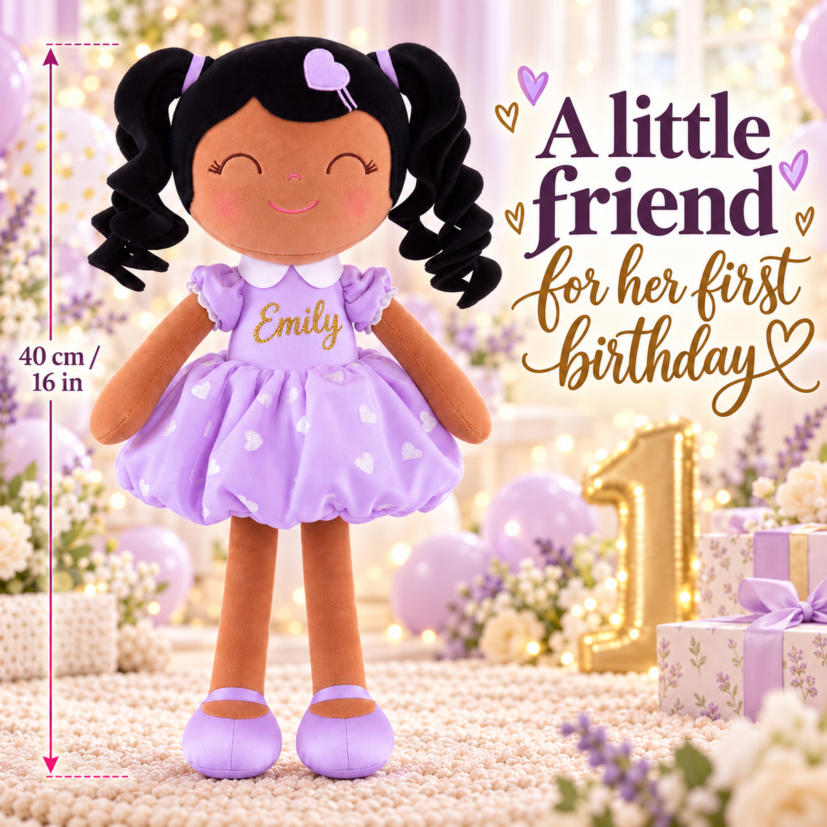 Gloveleya personalized curly hair princess doll, brown skin purple, gift gallery 3