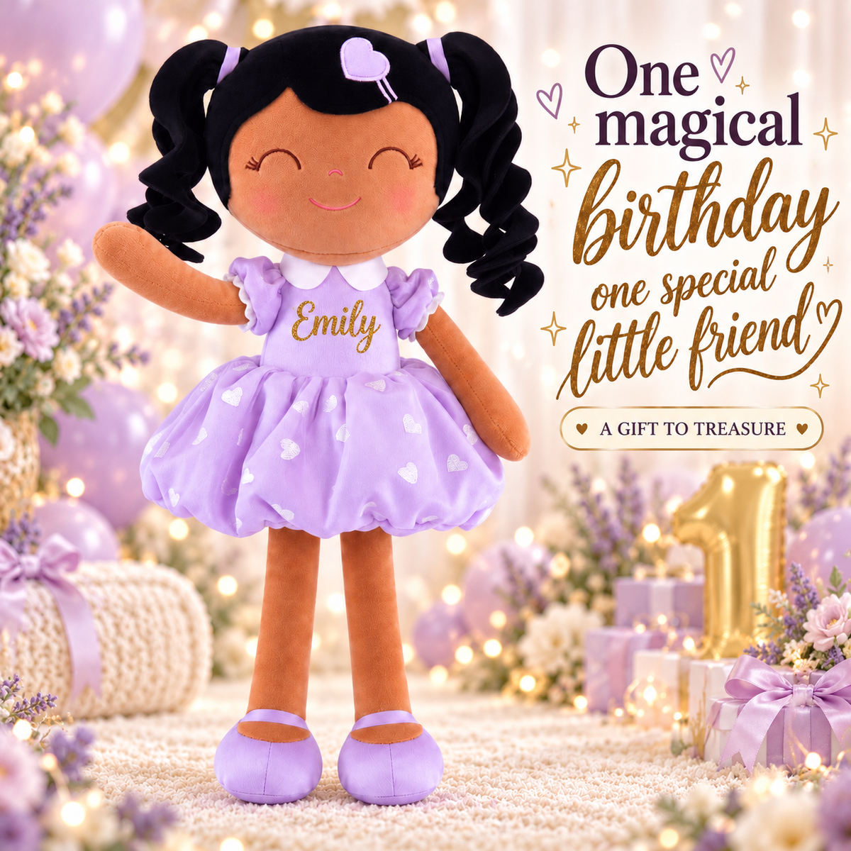 Gloveleya personalized curly hair princess doll, brown skin purple, gift gallery 9
