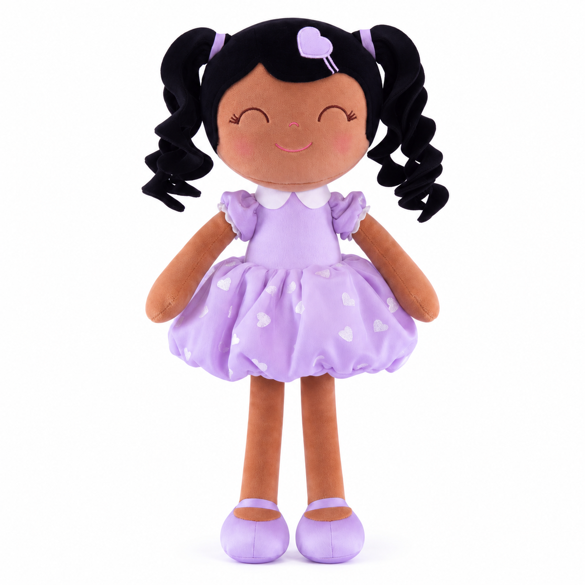 Gloveleya curly hair princess doll, brown skin purple, white background
