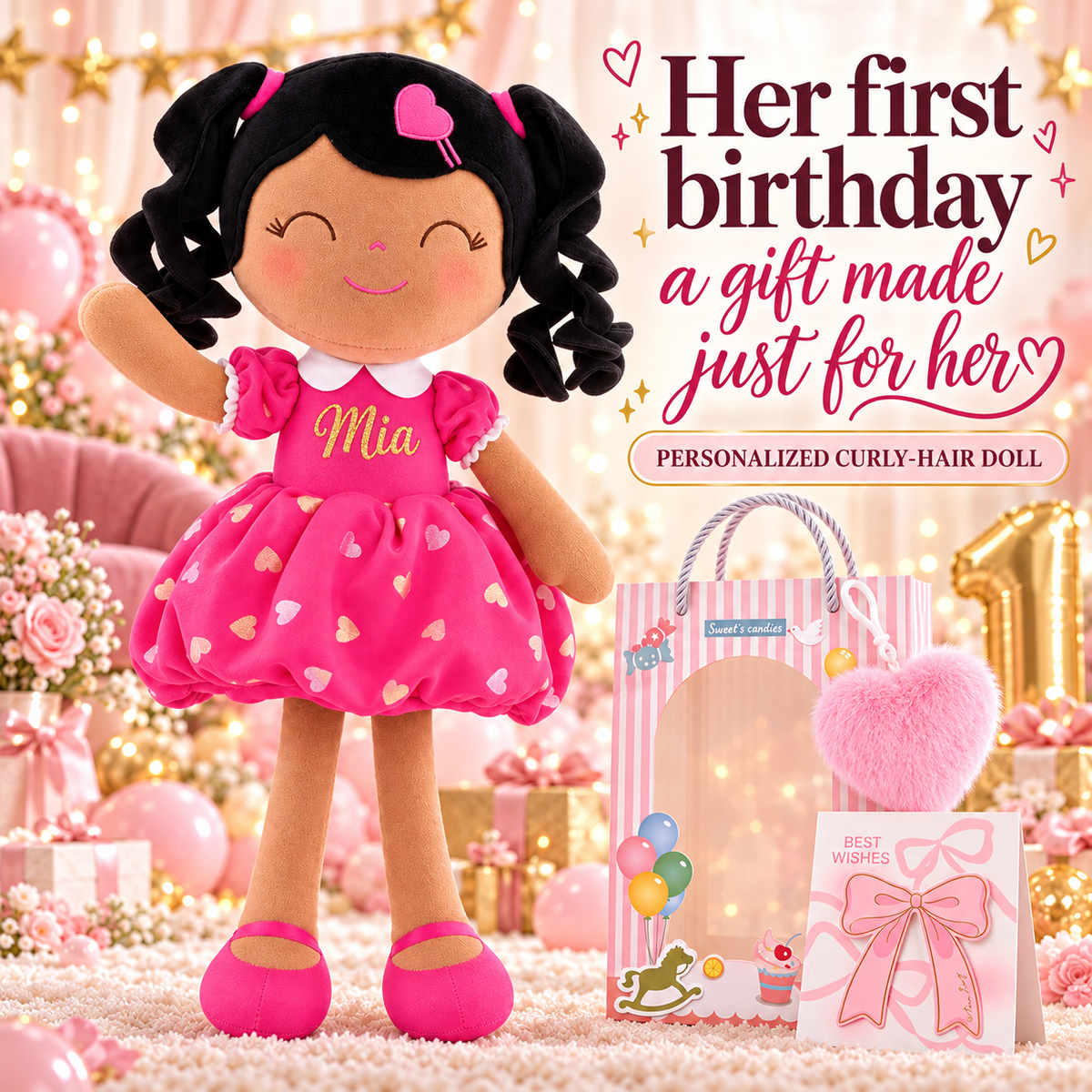 Gloveleya personalized curly hair princess doll, brown skin rose, gift gallery 1