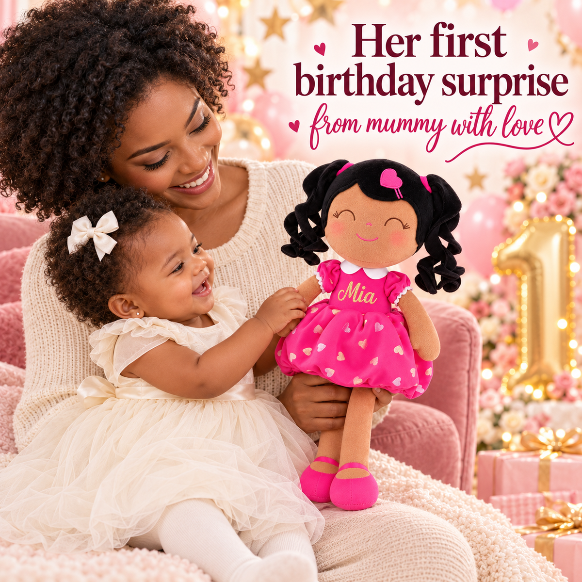 Gloveleya personalized curly hair princess doll, brown skin rose, gift gallery 4