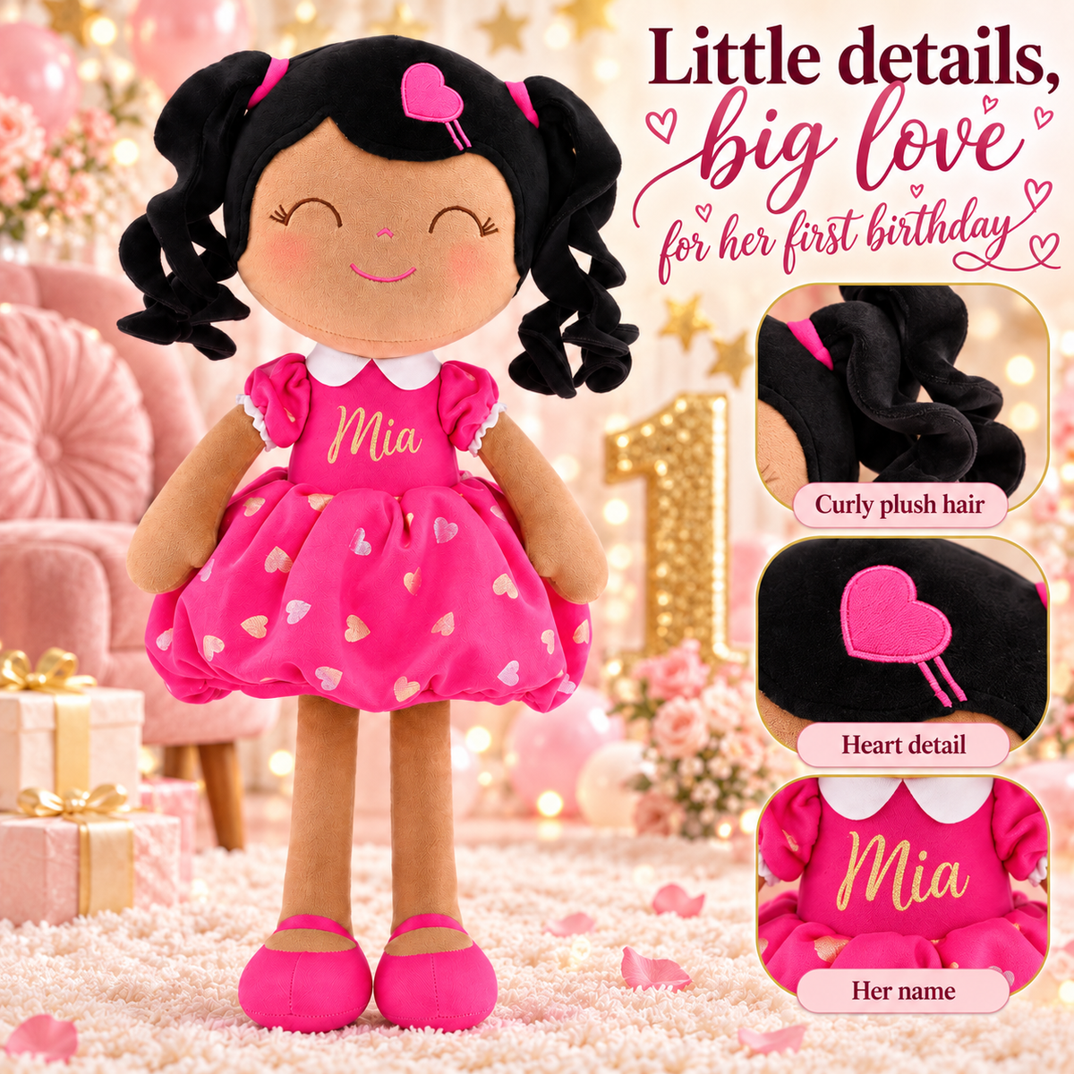 Gloveleya personalized curly hair princess doll, brown skin rose, gift gallery 8
