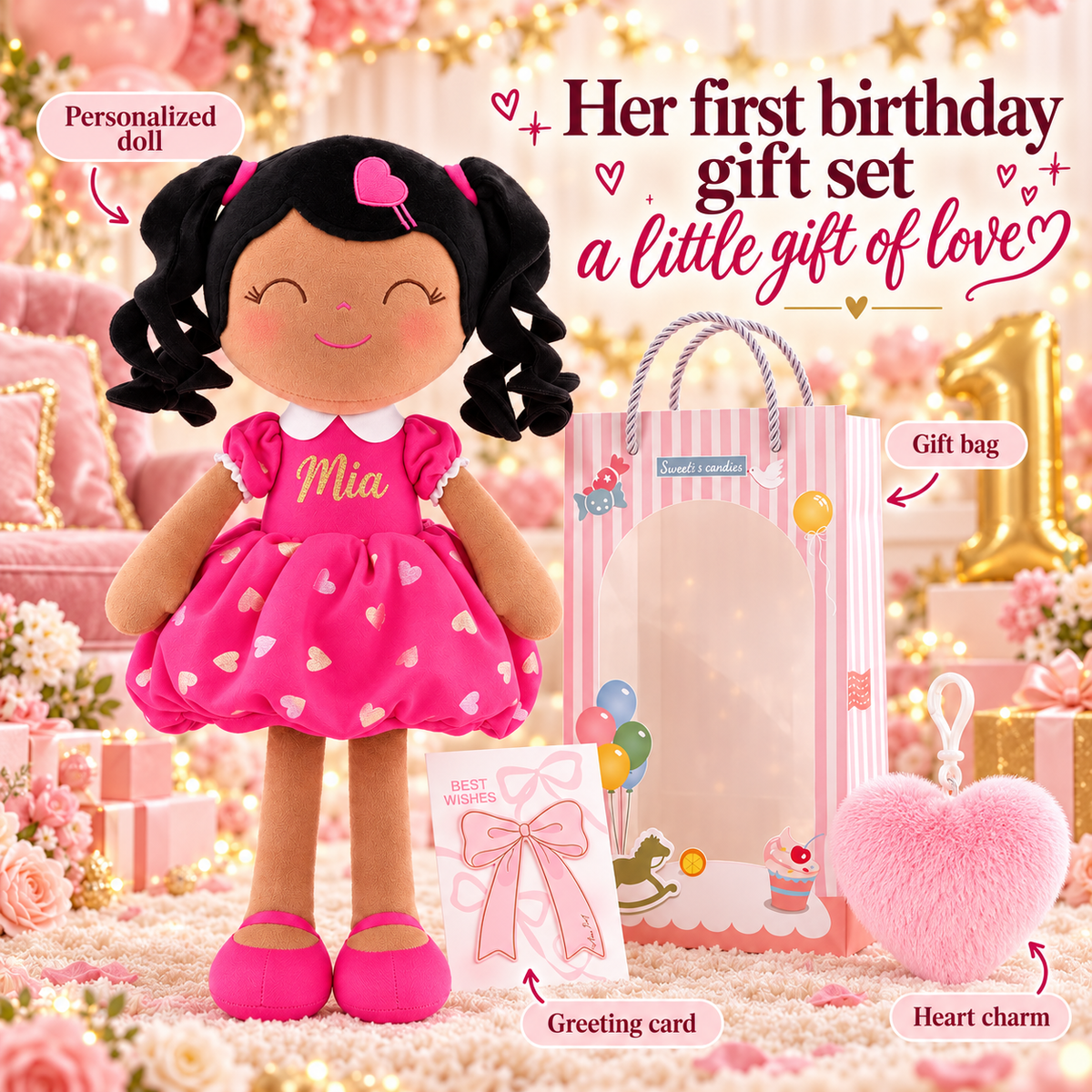 Gloveleya personalized curly hair princess doll, brown skin rose, gift gallery 10