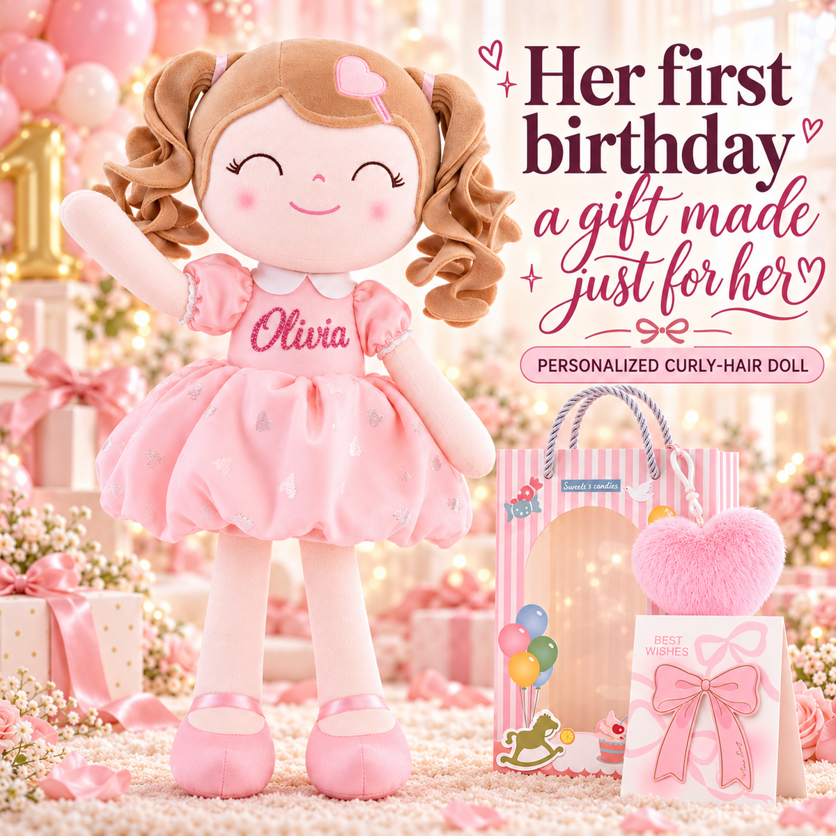 Gloveleya personalized curly hair princess doll, pink, gift gallery 1