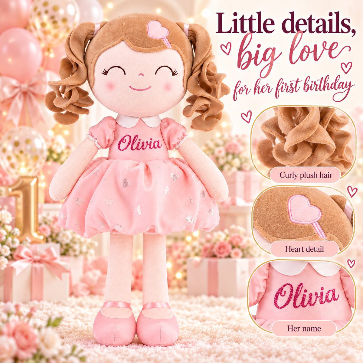 Gloveleya personalized curly hair princess doll, pink, gift gallery 8