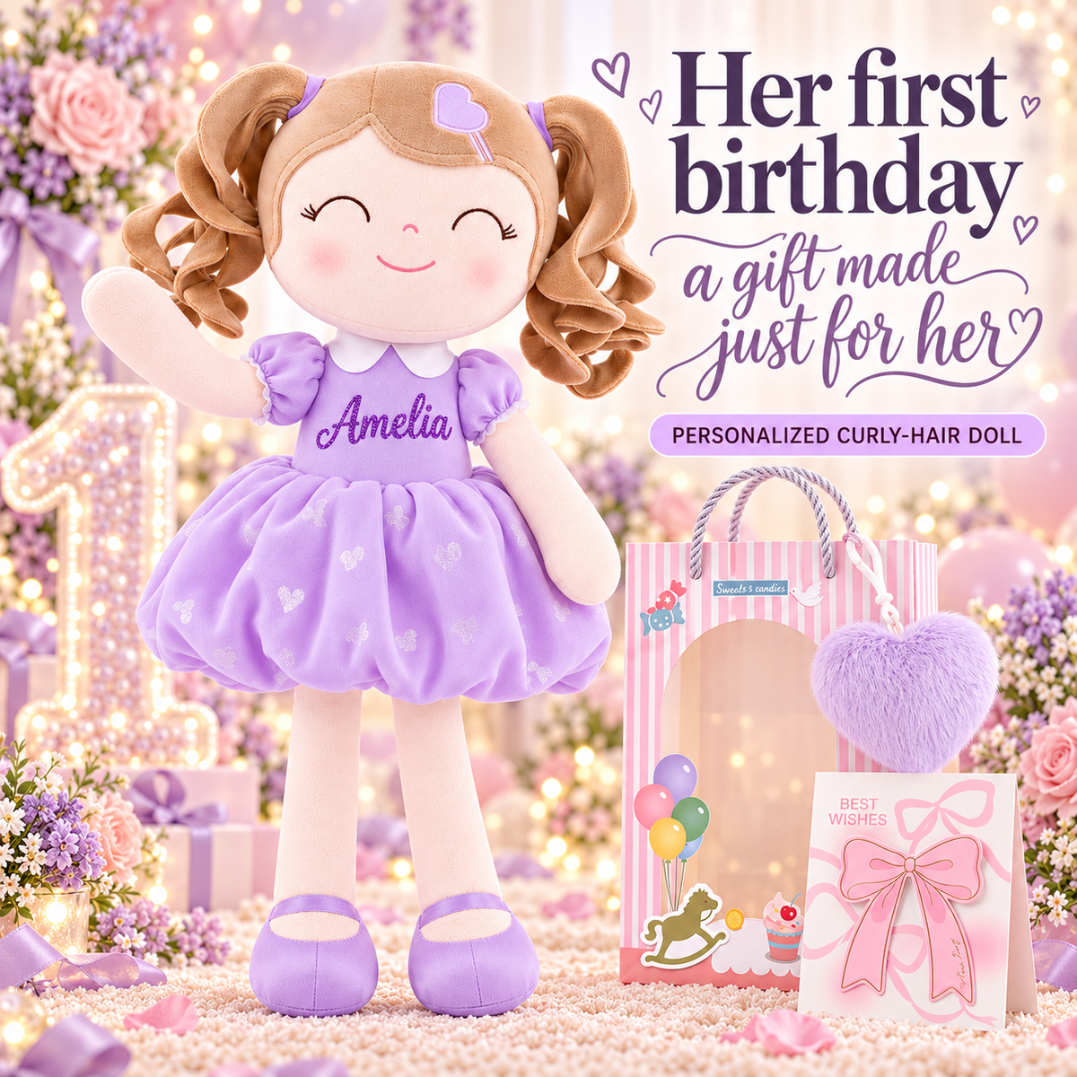Gloveleya personalized curly hair princess doll, purple, gift gallery 1