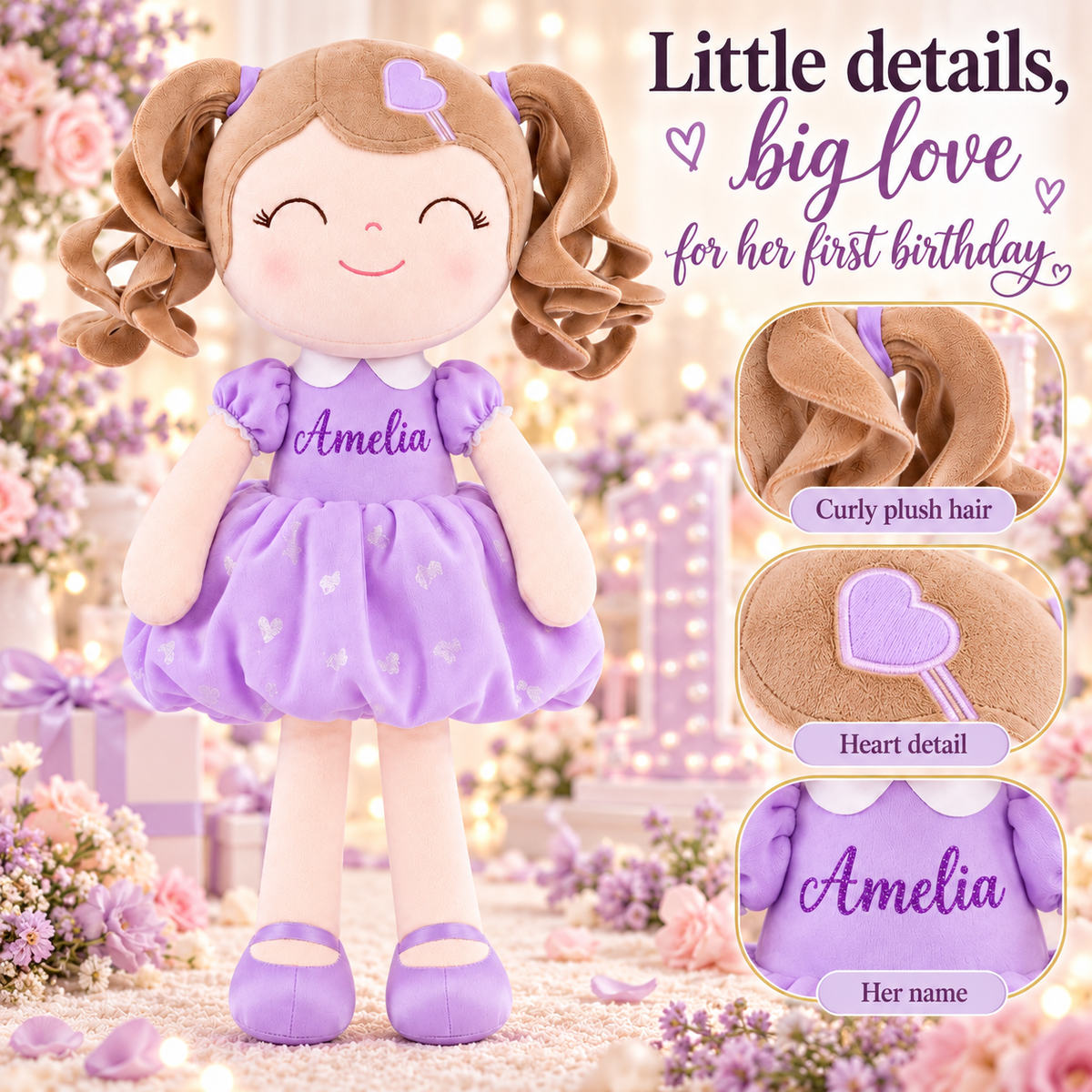 Gloveleya personalized curly hair princess doll, purple, gift gallery 8