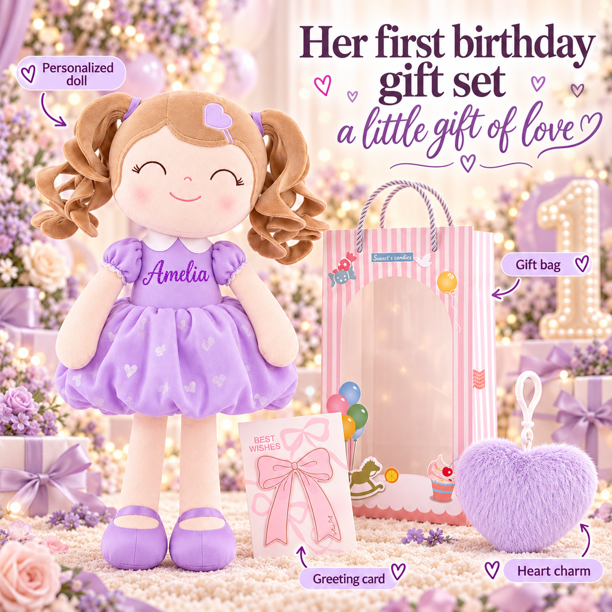 Gloveleya personalized curly hair princess doll, purple, gift gallery 10