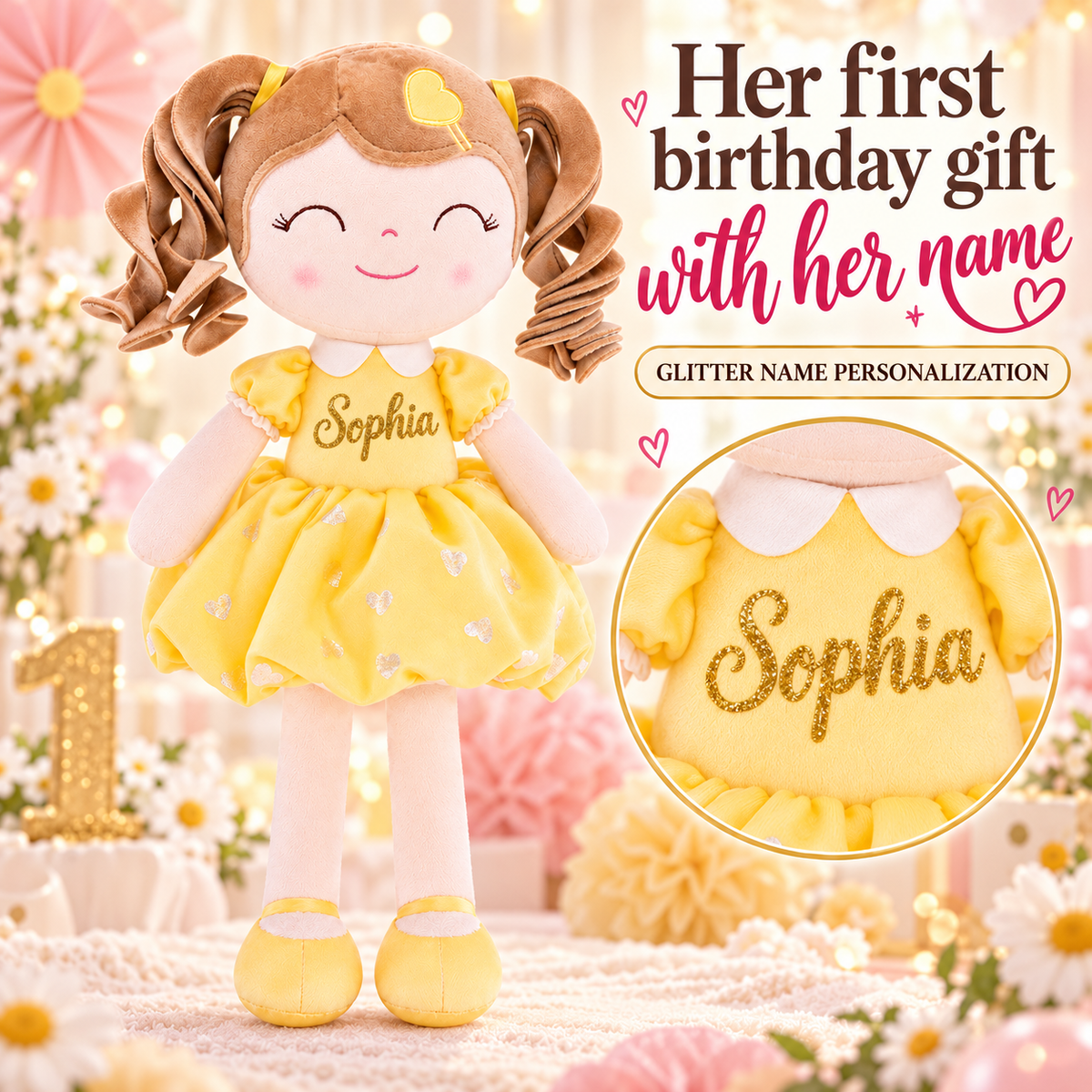 Gloveleya personalized curly hair princess doll, yellow, gift gallery 2