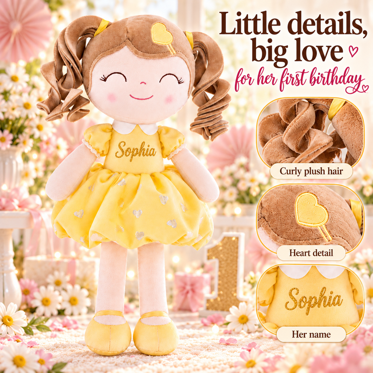Gloveleya personalized curly hair princess doll, yellow, gift gallery 8