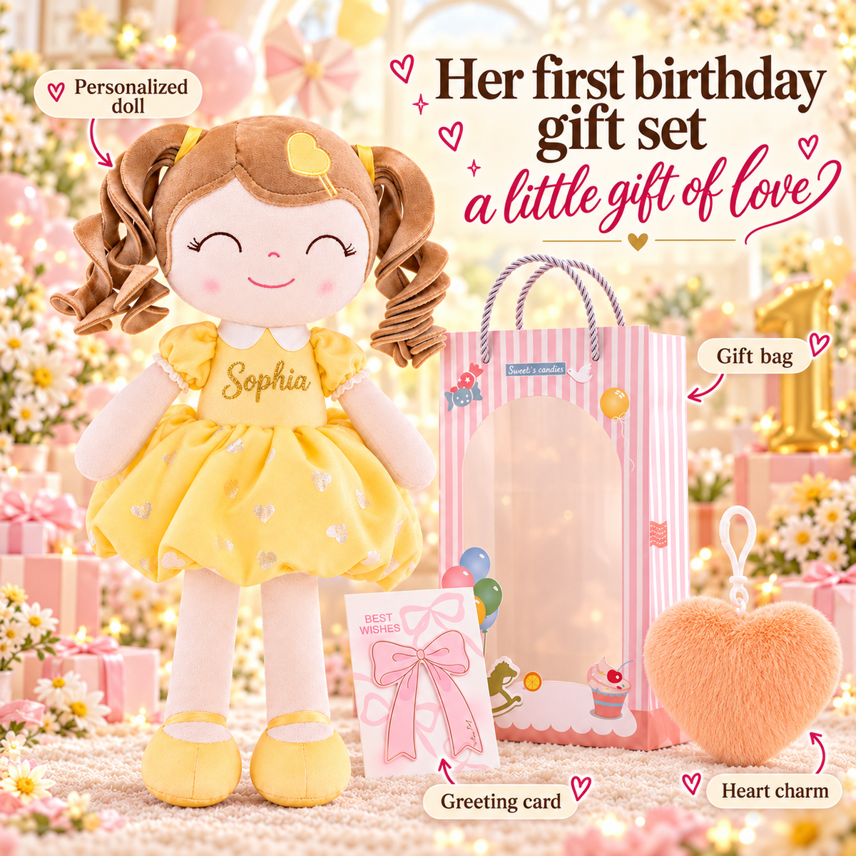 Gloveleya personalized curly hair princess doll, yellow, gift gallery 10