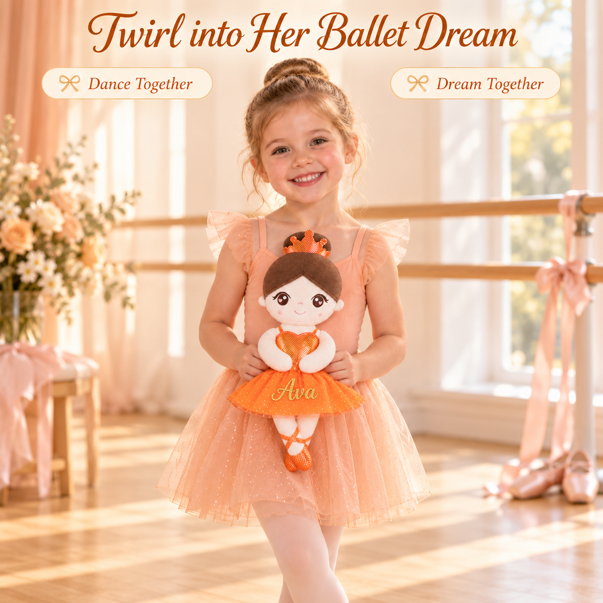 Gloveleya orange glass ballet doll - 女孩抱娃娃跳舞