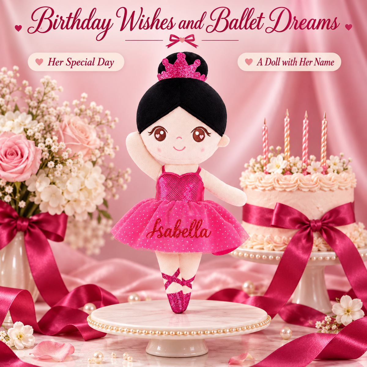 Ballet birthday gift scene with a personalized Gloveleya ballerina doll
