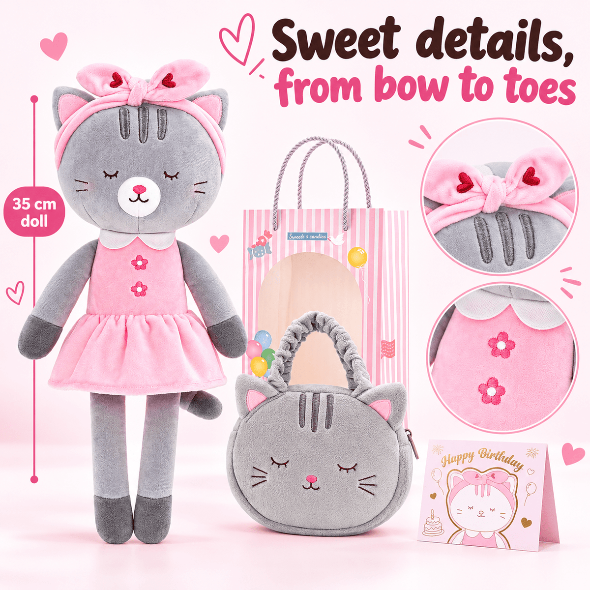 Gloveleya Gray Kitty Doll Gift Set – 4 Pieces, 35 cm - Gloveleya Official