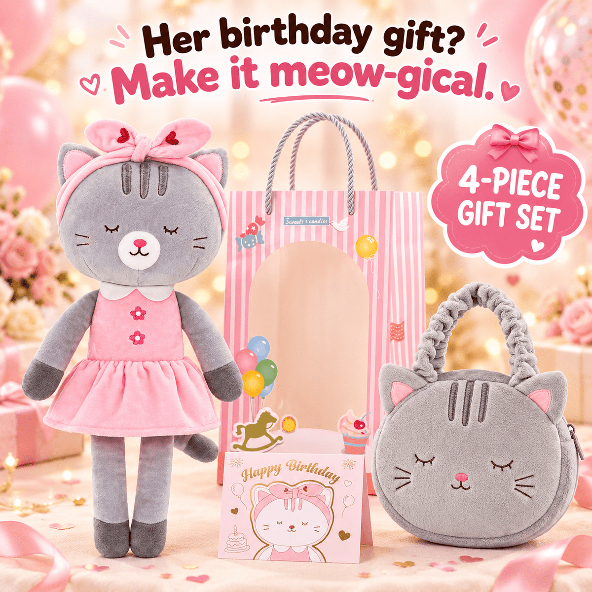 Gloveleya Gray Kitty Doll Gift Set – 4 Pieces, 35 cm - Gloveleya Official