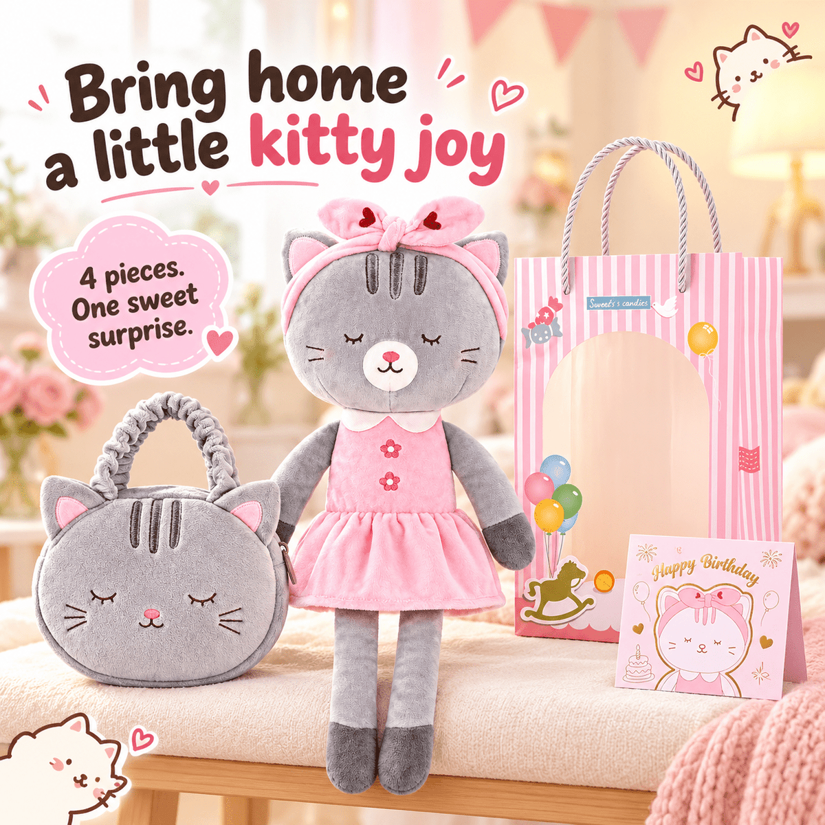 Gloveleya Gray Kitty Doll Gift Set – 4 Pieces, 35 cm - Gloveleya Official