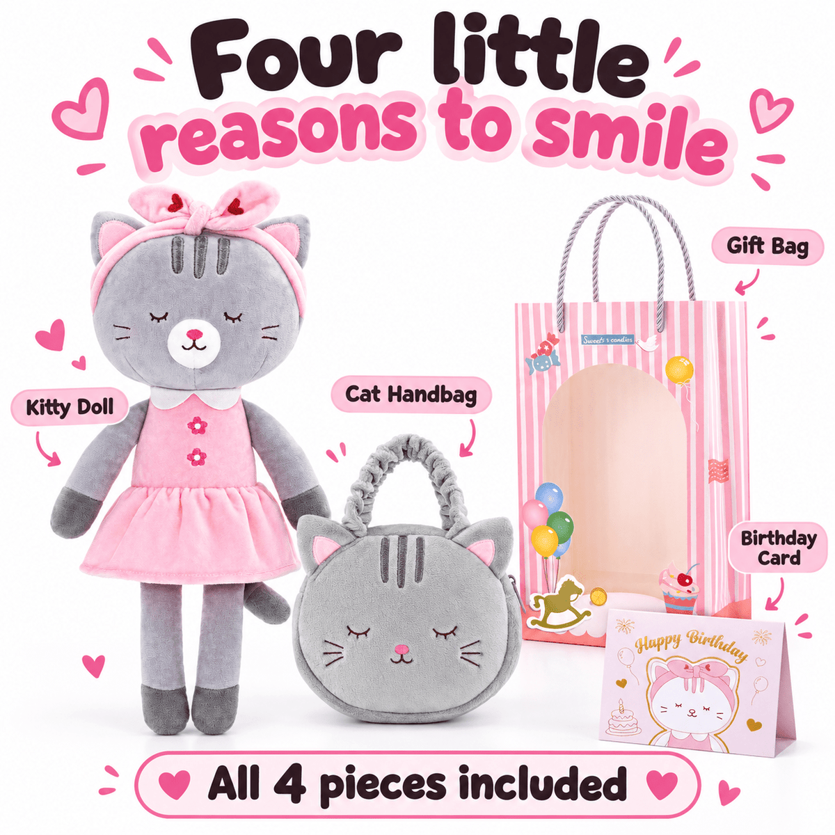 Gloveleya Gray Kitty Doll Gift Set – 4 Pieces, 35 cm - Gloveleya Official
