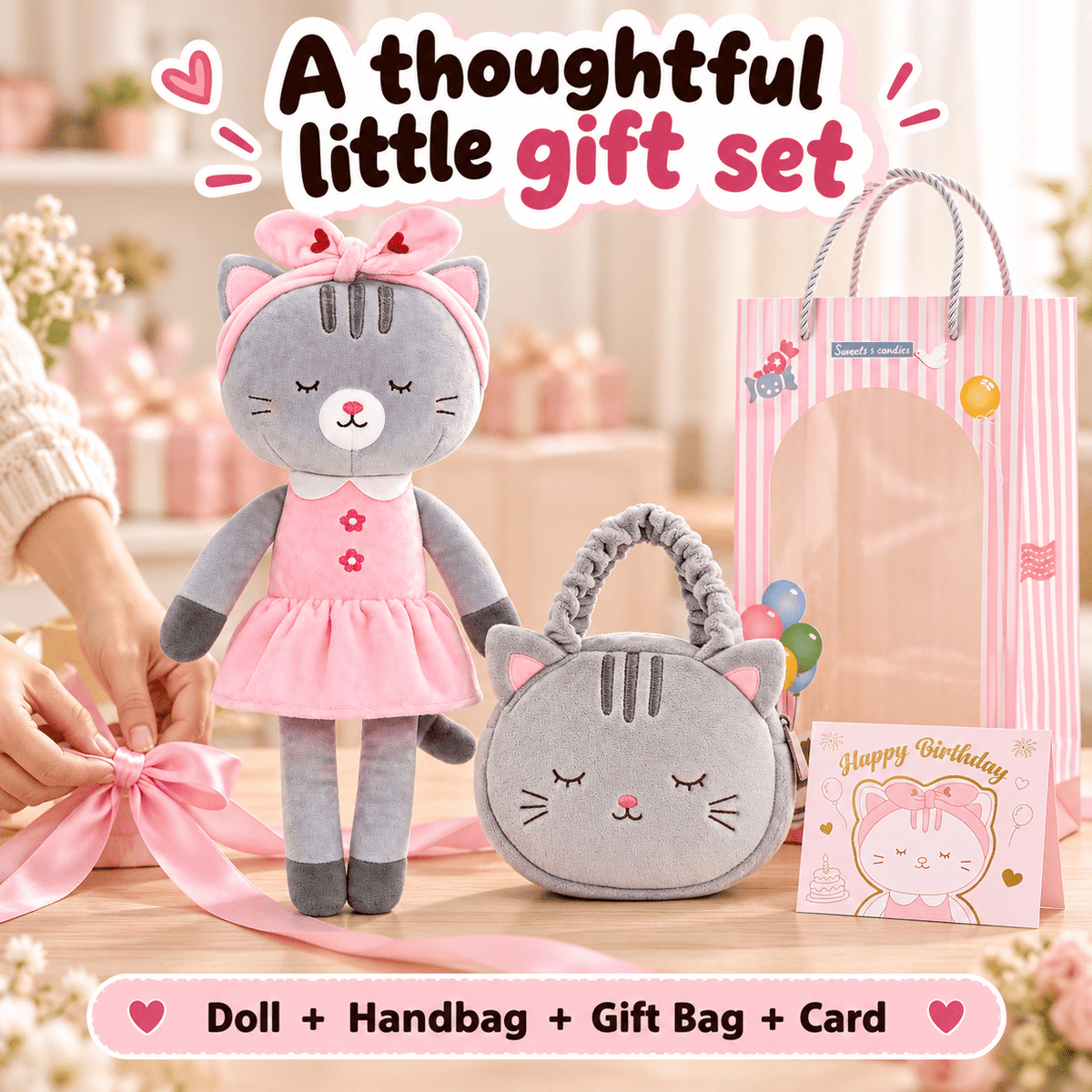 Gloveleya Gray Kitty Doll Gift Set – 4 Pieces, 35 cm - Gloveleya Official