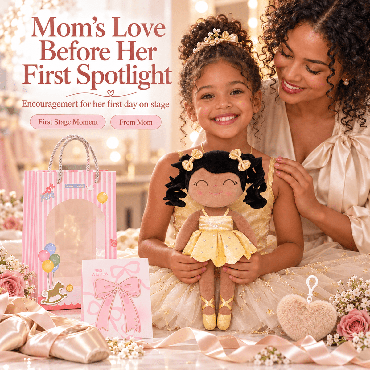 Gloveleya Personalized Ballerina Doll – 14-Inch Brown Skin Gold - Gloveleya Official