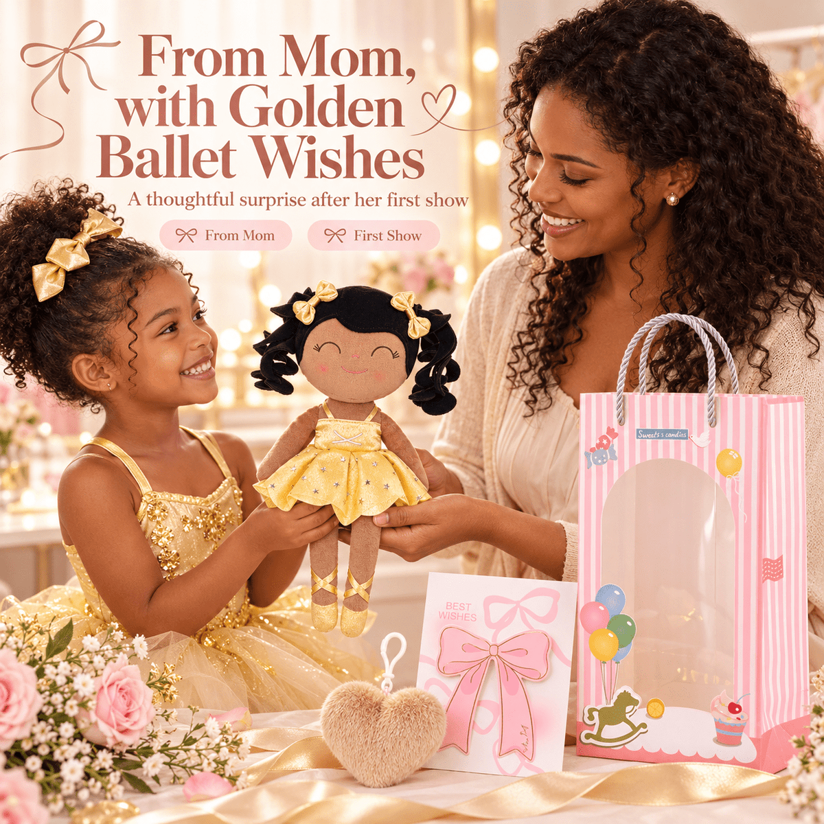 Gloveleya Personalized Ballerina Doll – 14-Inch Brown Skin Gold - Gloveleya Official