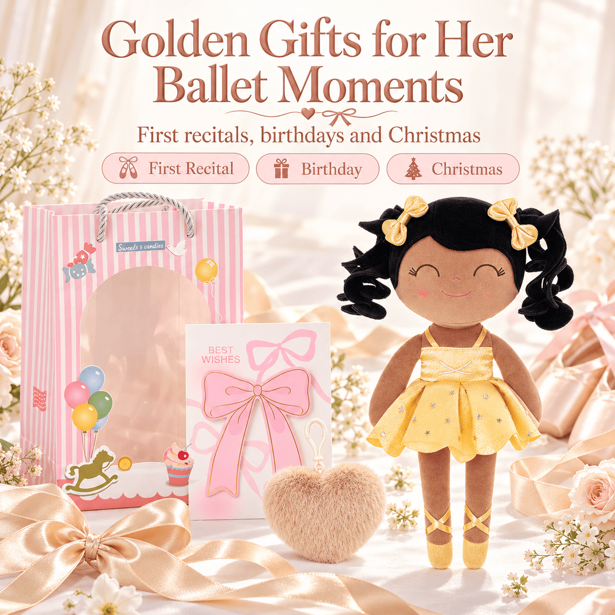 Gloveleya Personalized Ballerina Doll – 14-Inch Brown Skin Gold - Gloveleya Official