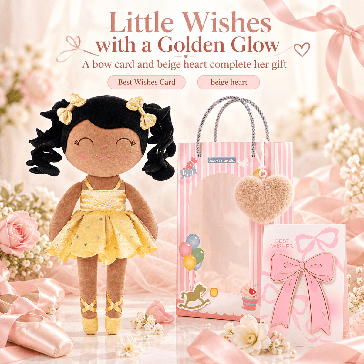 Gloveleya Personalized Ballerina Doll – 14-Inch Brown Skin Gold - Gloveleya Official