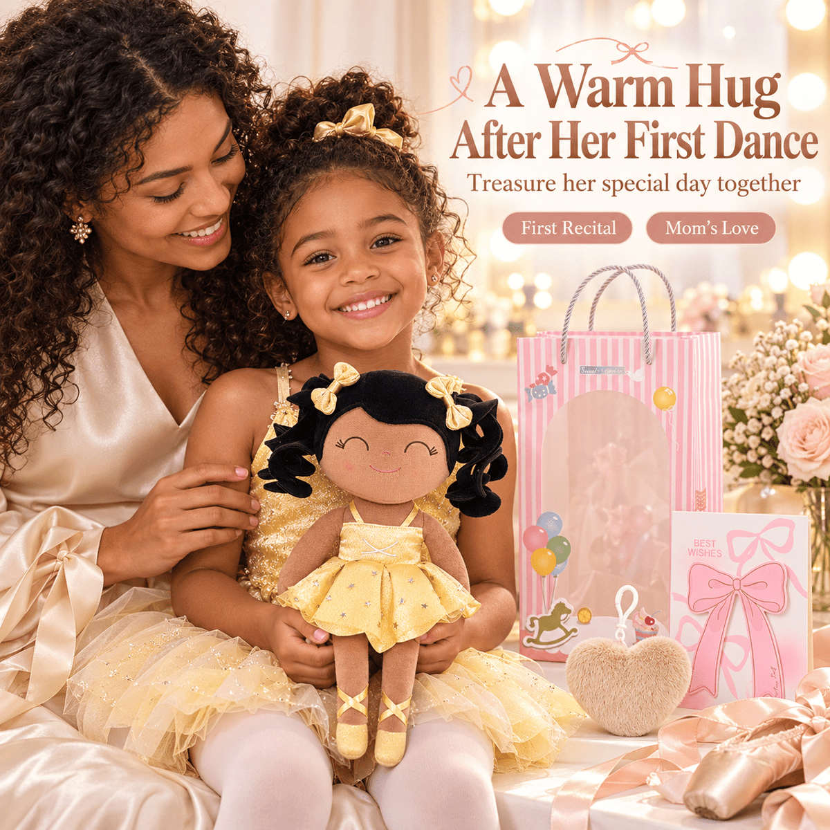 Gloveleya Personalized Ballerina Doll – 14-Inch Brown Skin Gold - Gloveleya Official
