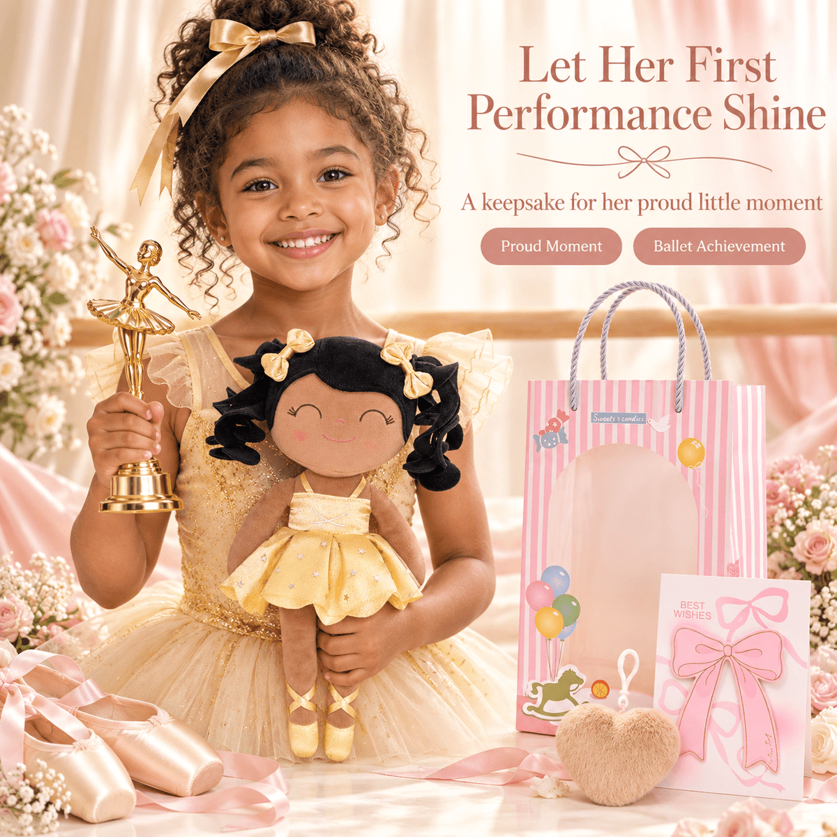 Gloveleya Personalized Ballerina Doll – 14-Inch Brown Skin Gold - Gloveleya Official