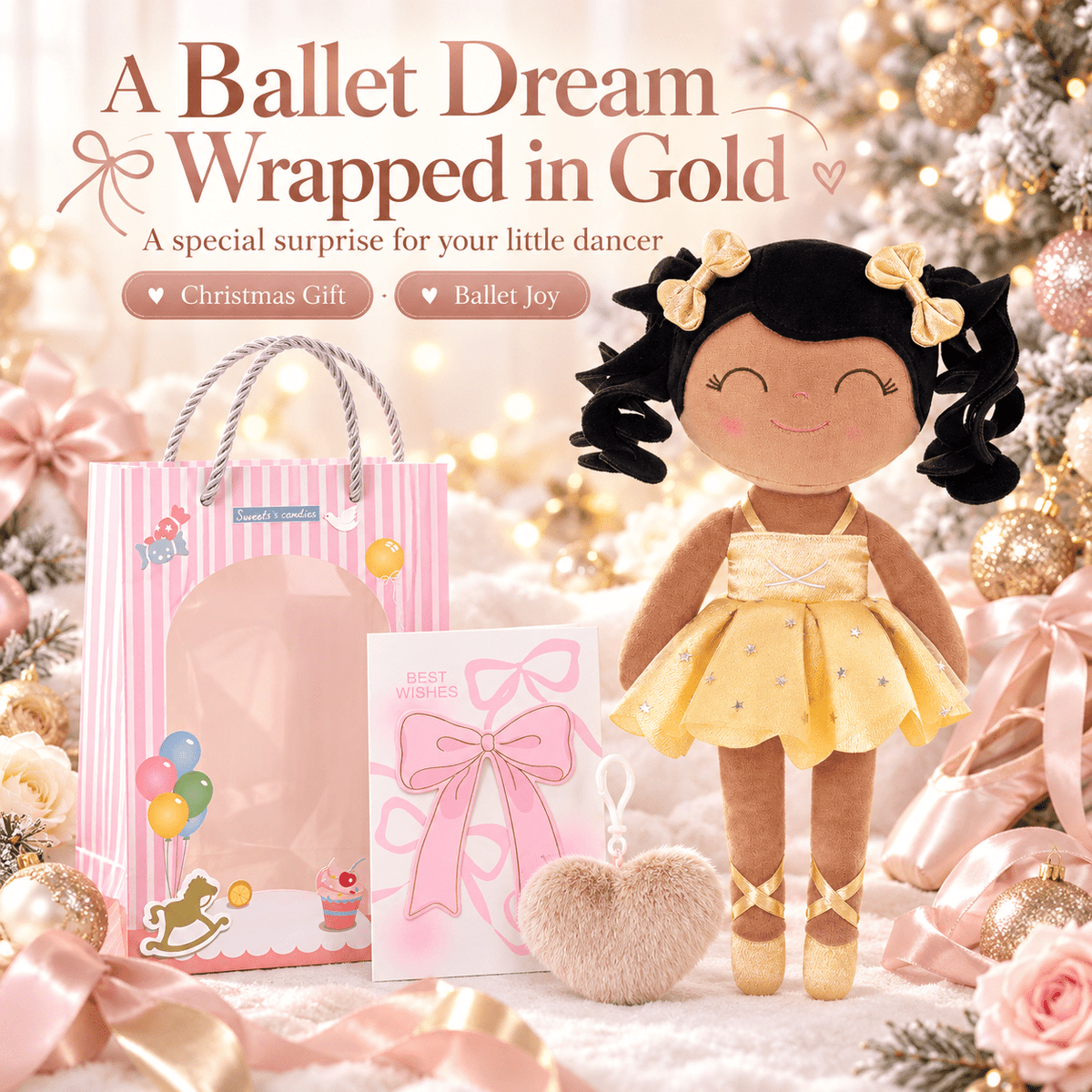 Gloveleya Personalized Ballerina Doll – 14-Inch Brown Skin Gold - Gloveleya Official