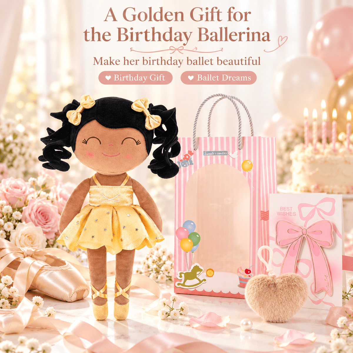 Gloveleya Personalized Ballerina Doll – 14-Inch Brown Skin Gold - Gloveleya Official