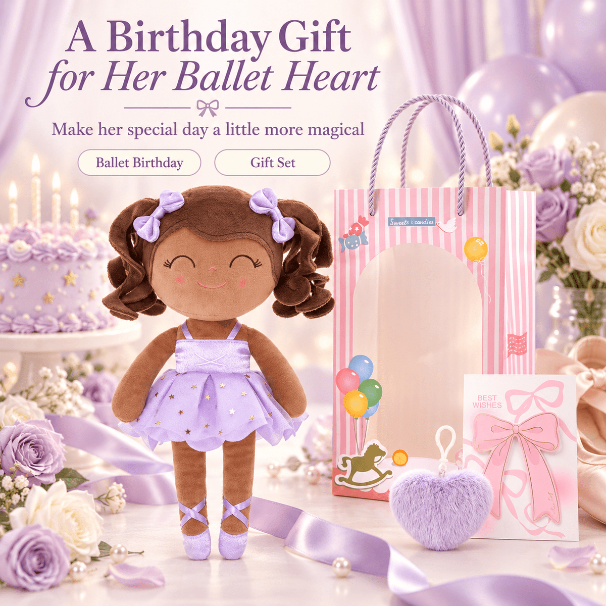Gloveleya Personalized Ballerina Doll – 14-Inch Brown Skin Purple - Gloveleya Official