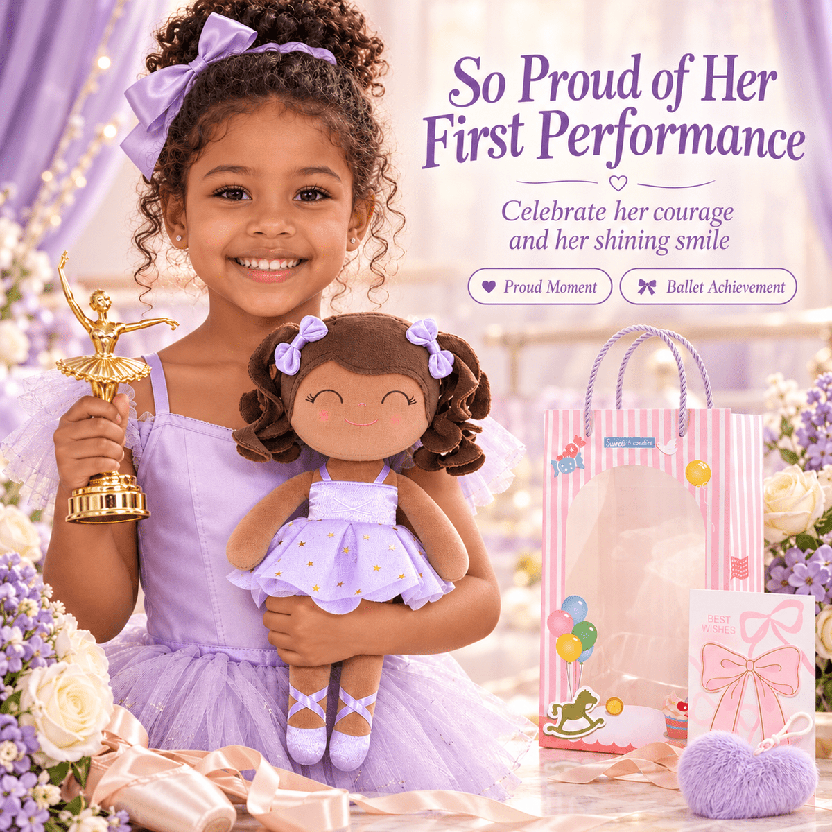 Gloveleya Personalized Ballerina Doll – 14-Inch Brown Skin Purple - Gloveleya Official