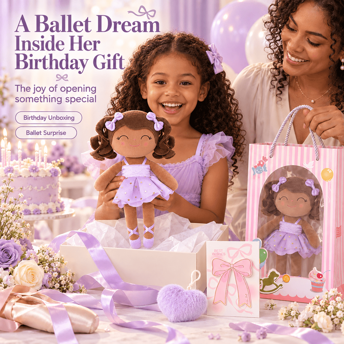 Gloveleya Personalized Ballerina Doll – 14-Inch Brown Skin Purple - Gloveleya Official