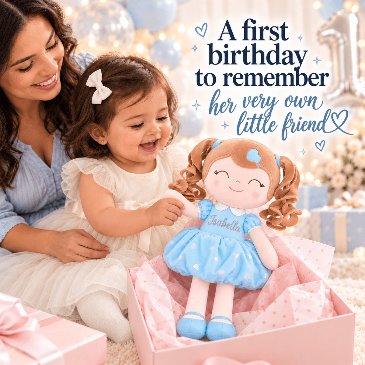 Gloveleya Personalized Curly Hair Princess Doll – 16-Inch Blue - Gloveleya Official