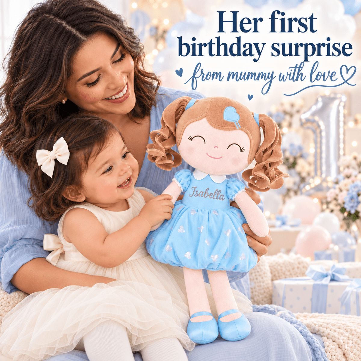 Gloveleya Personalized Curly Hair Princess Doll – 16-Inch Blue - Gloveleya Official