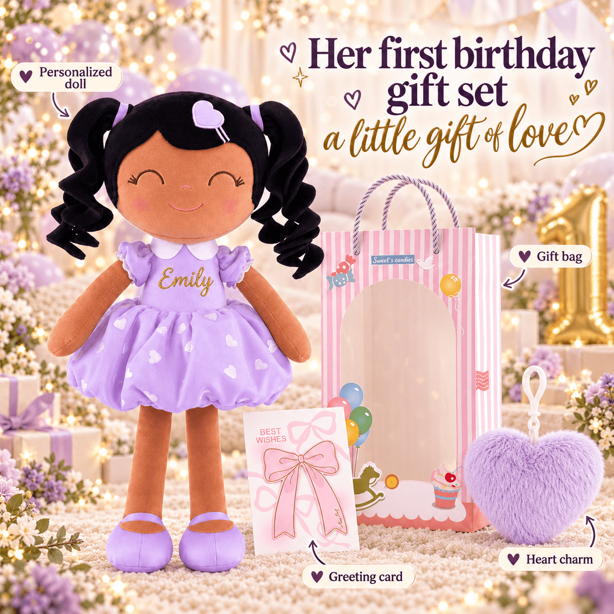 Gloveleya Personalized Curly Hair Princess Doll – 16-Inch Brown Skin, Purple - Gloveleya Official
