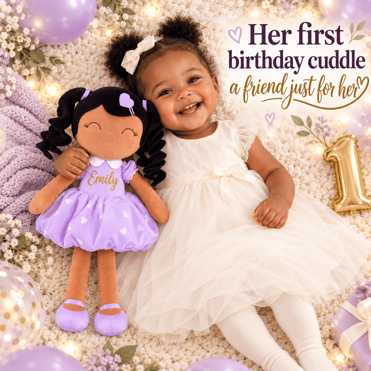 Gloveleya Personalized Curly Hair Princess Doll – 16-Inch Brown Skin, Purple - Gloveleya Official