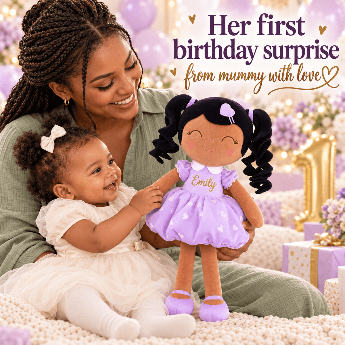 Gloveleya Personalized Curly Hair Princess Doll – 16-Inch Brown Skin, Purple - Gloveleya Official