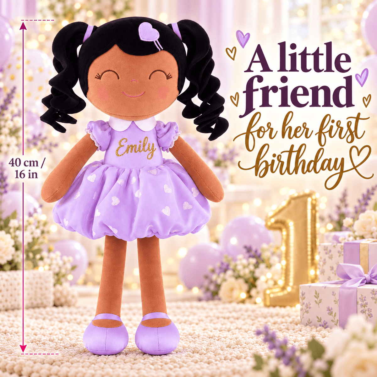 Gloveleya Personalized Curly Hair Princess Doll – 16-Inch Brown Skin, Purple - Gloveleya Official
