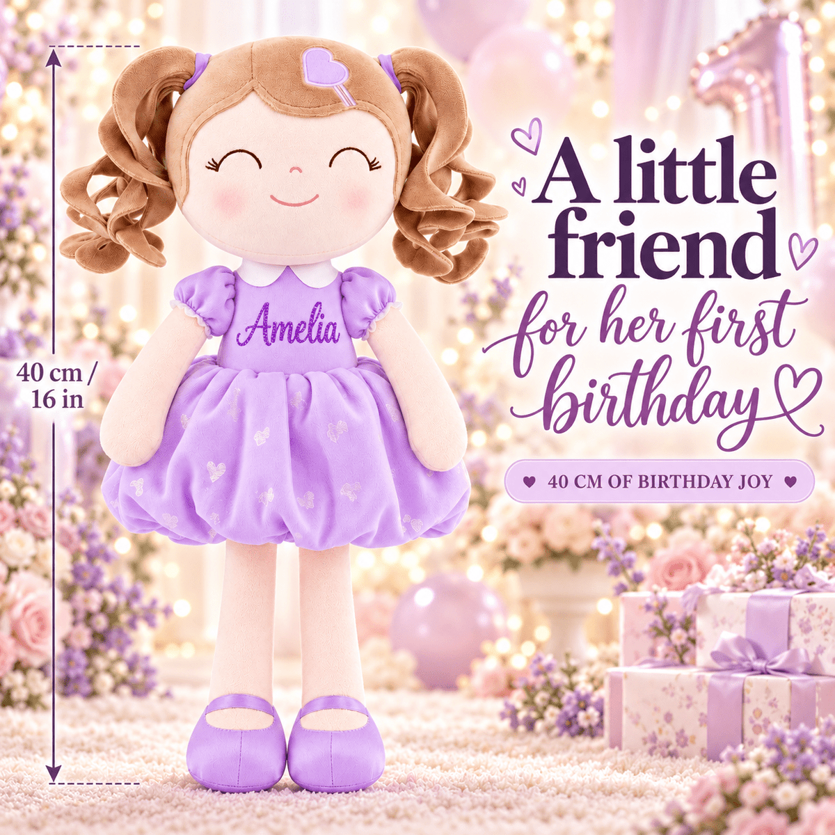 Gloveleya Personalized Curly Hair Princess Doll – 16-Inch Purple - Gloveleya Official