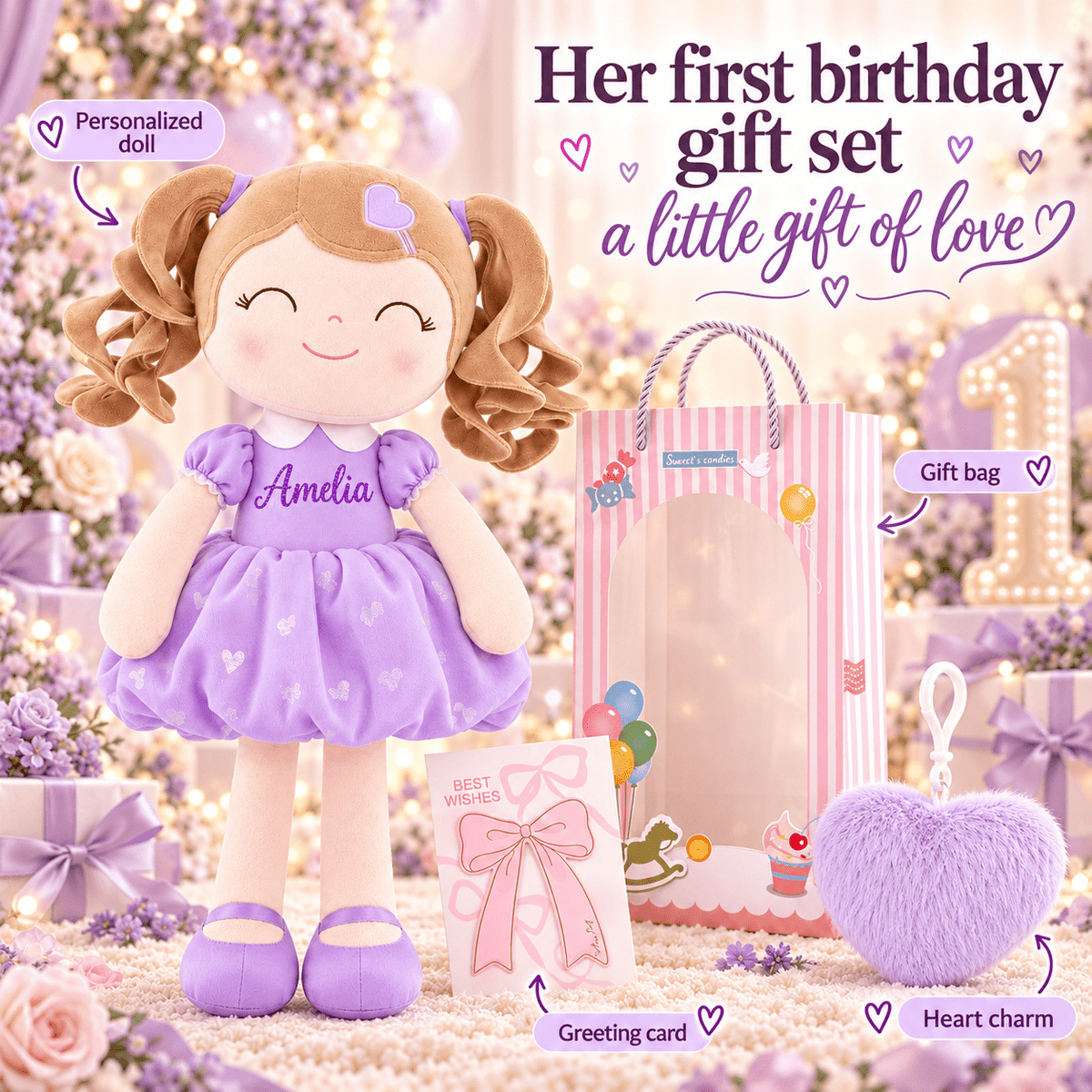 Gloveleya Personalized Curly Hair Princess Doll – 16-Inch Purple - Gloveleya Official
