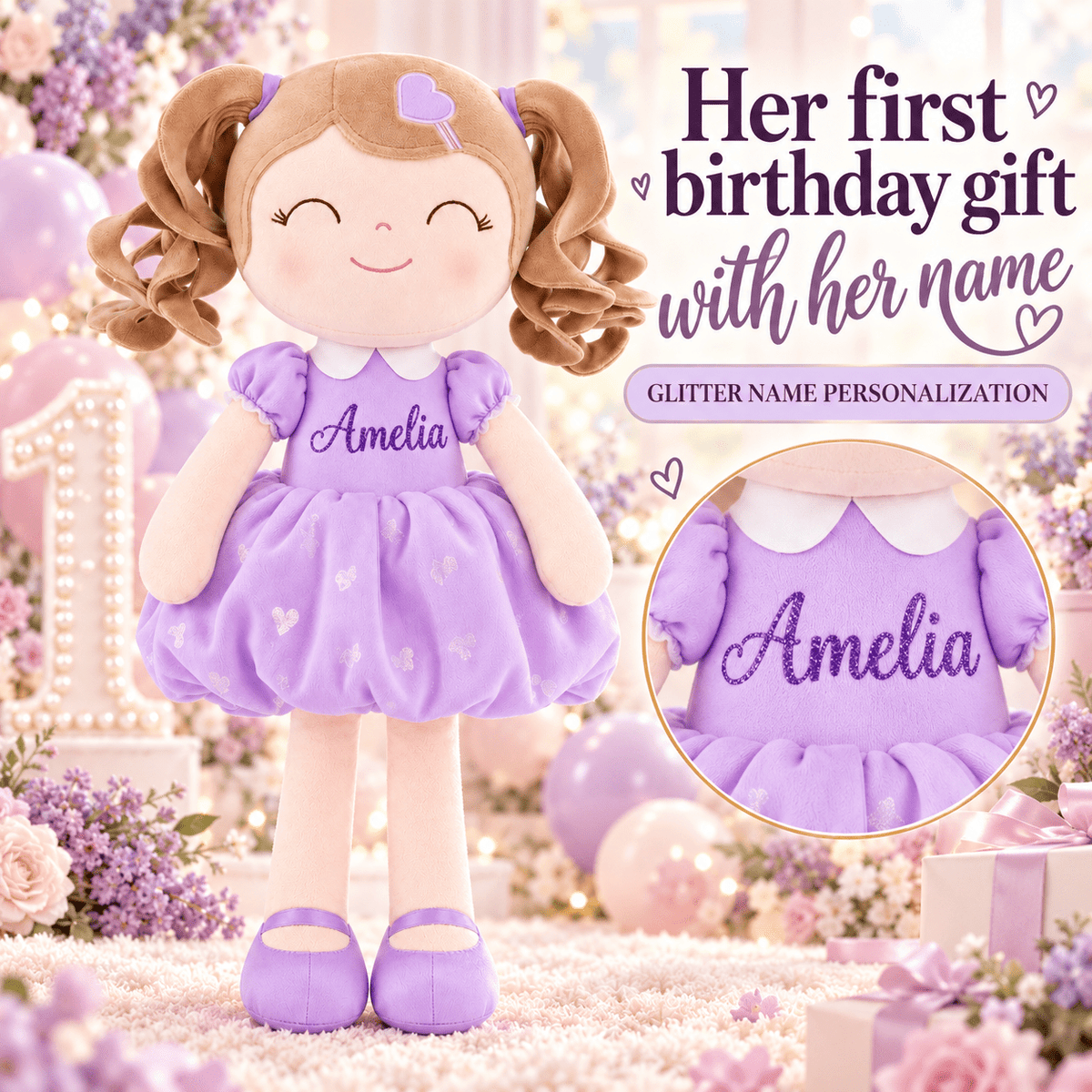 Gloveleya Personalized Curly Hair Princess Doll – 16-Inch Purple - Gloveleya Official