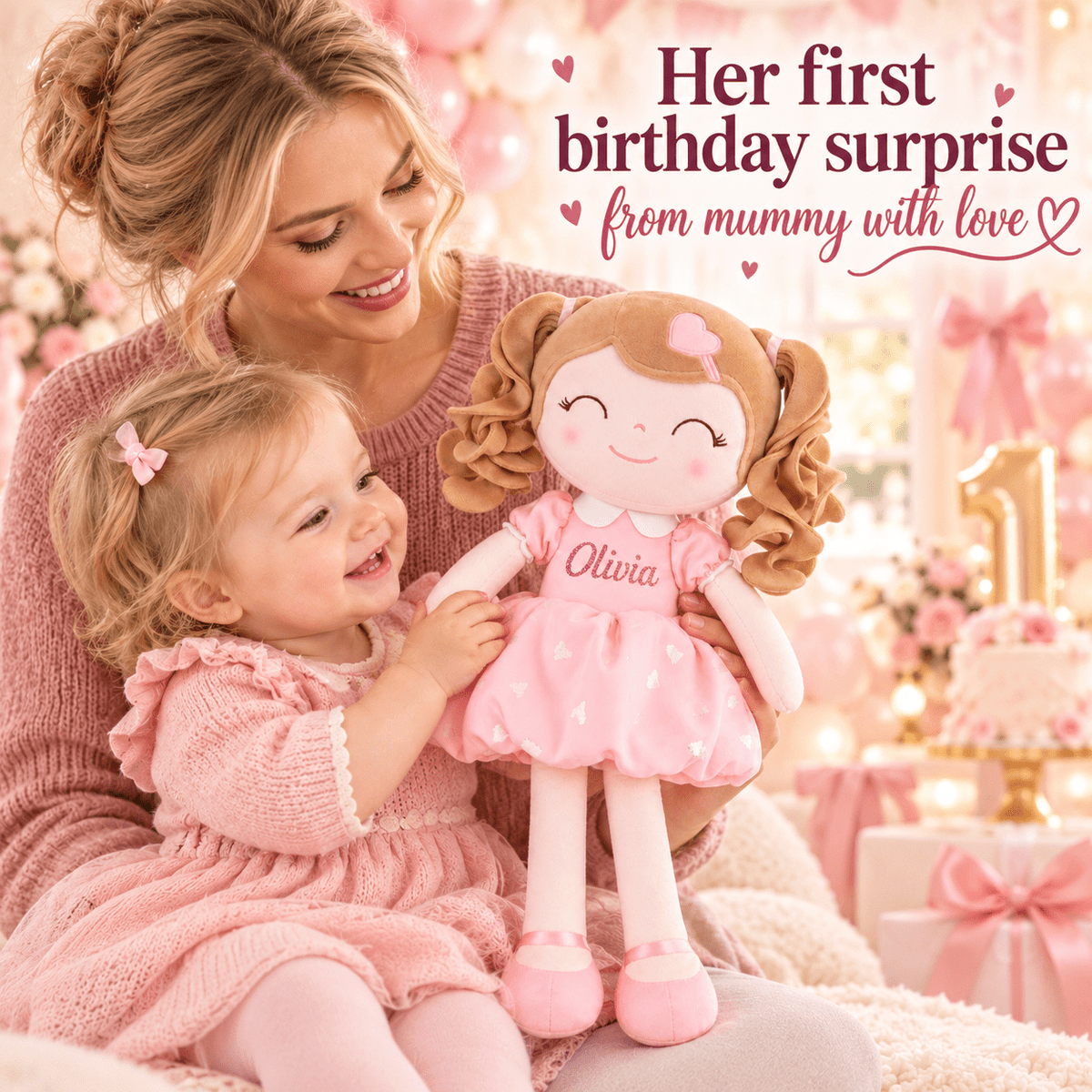 Gloveleya Personalized Curly Hair Princess Plush Doll – 16-Inch Pink - Gloveleya Official
